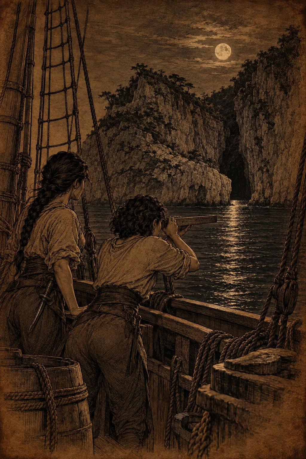 Sepia illustration from Bearings. Two companions watch a moonlit waterway from the deck of a ship.