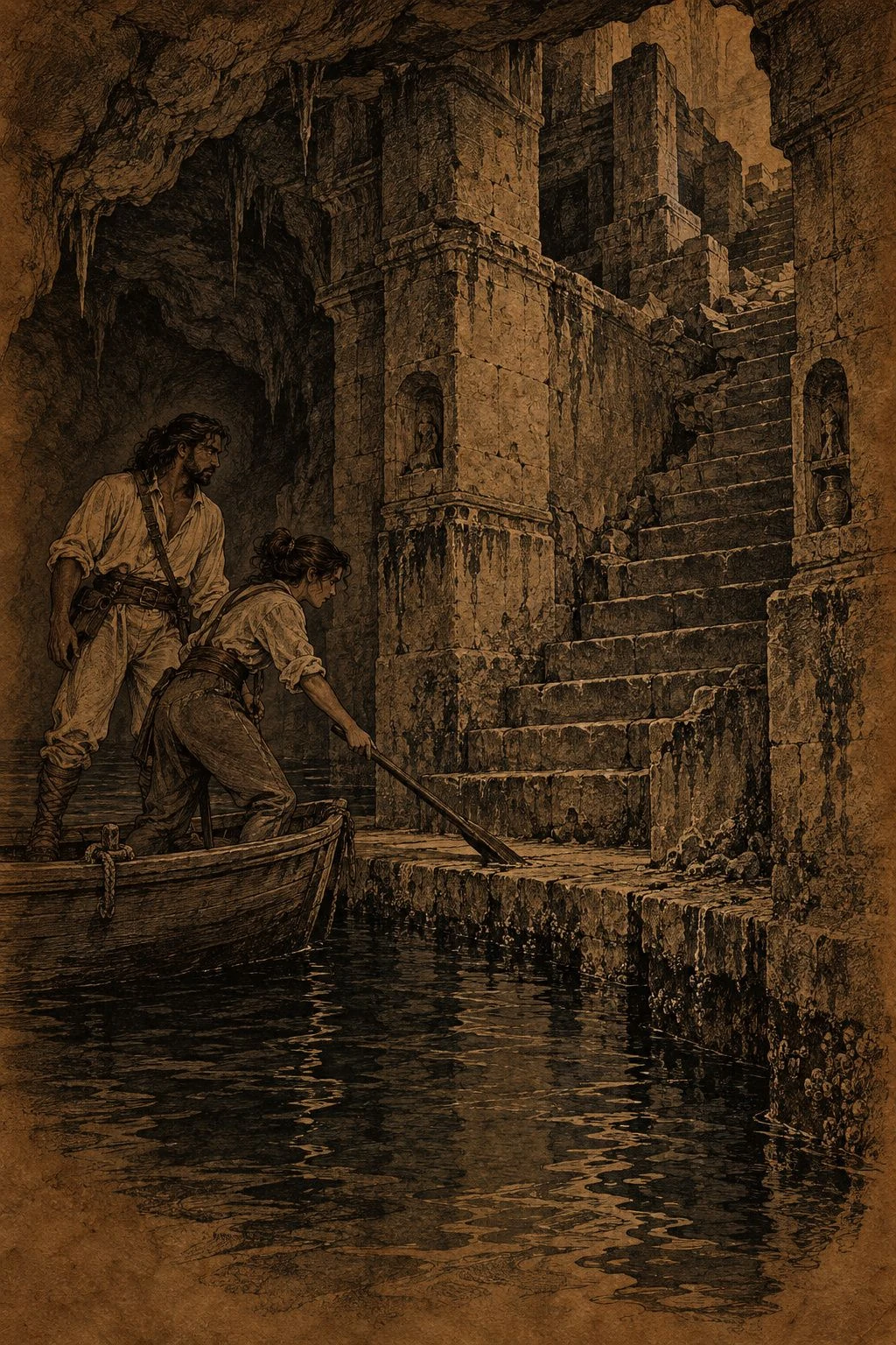 Sepia illustration from Bearings. A small boat carries travelers beside stone stairs and waterfront buildings.