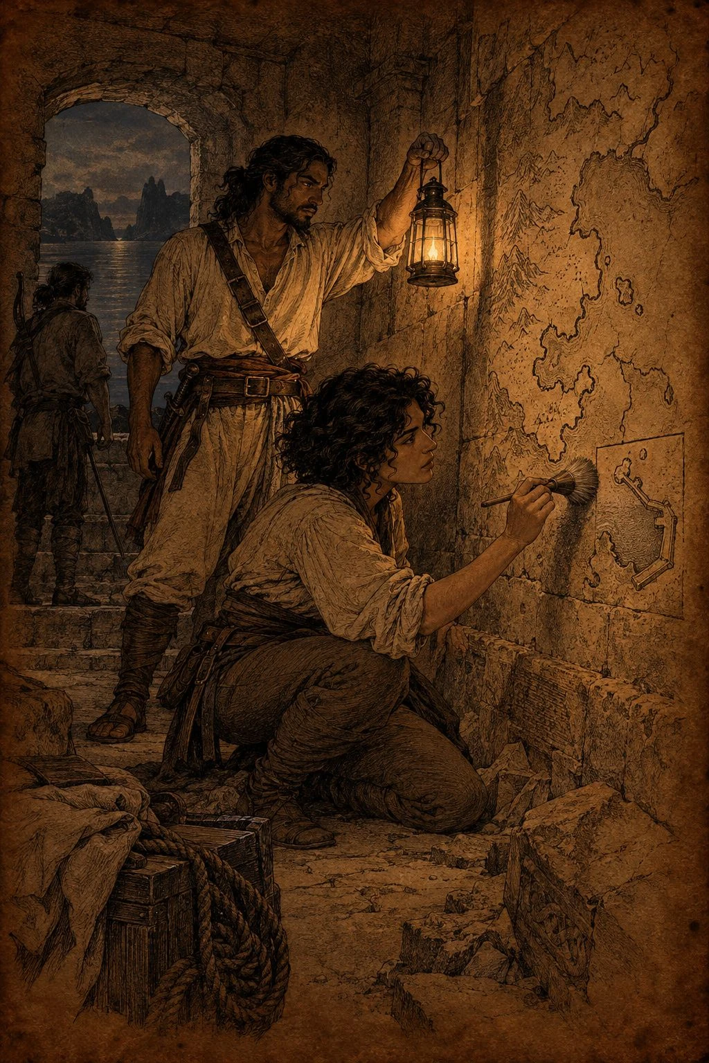 Sepia illustration from Bearings. Travelers study markings on a stone wall by lantern light.