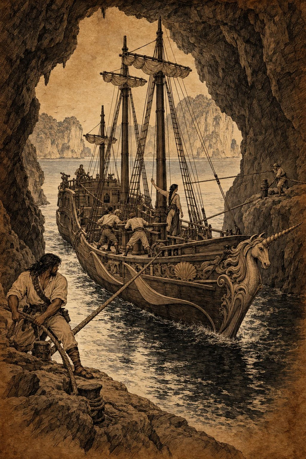 Sepia illustration from Bearings. A companion guides a decorated sailing vessel through a rocky sea cave.