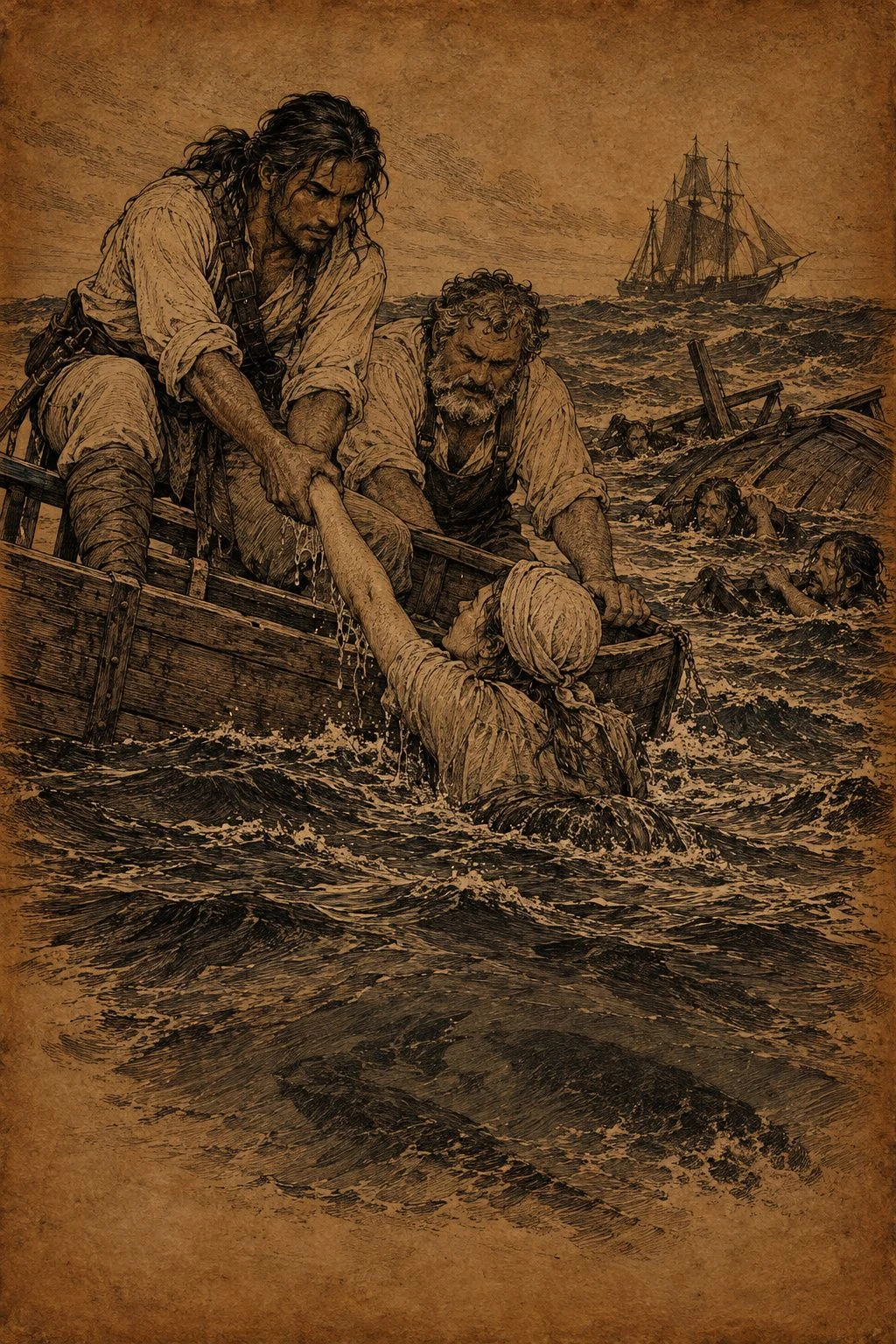 Sepia illustration from Bearings. Two companions reach into shallow water along a rocky shore.