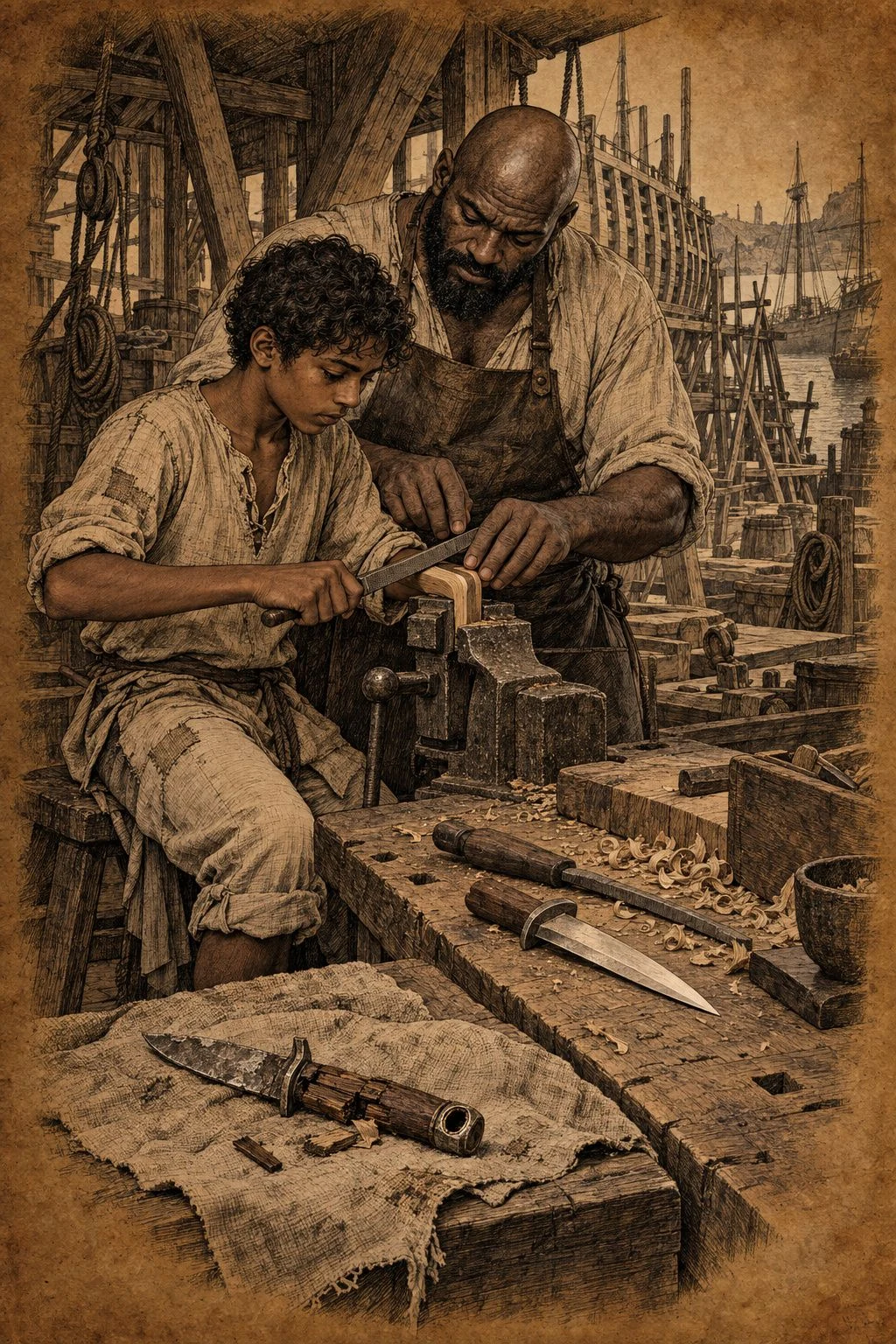 Sepia illustration from Bearings. A young craftsperson works at a bench under the guidance of an older companion.