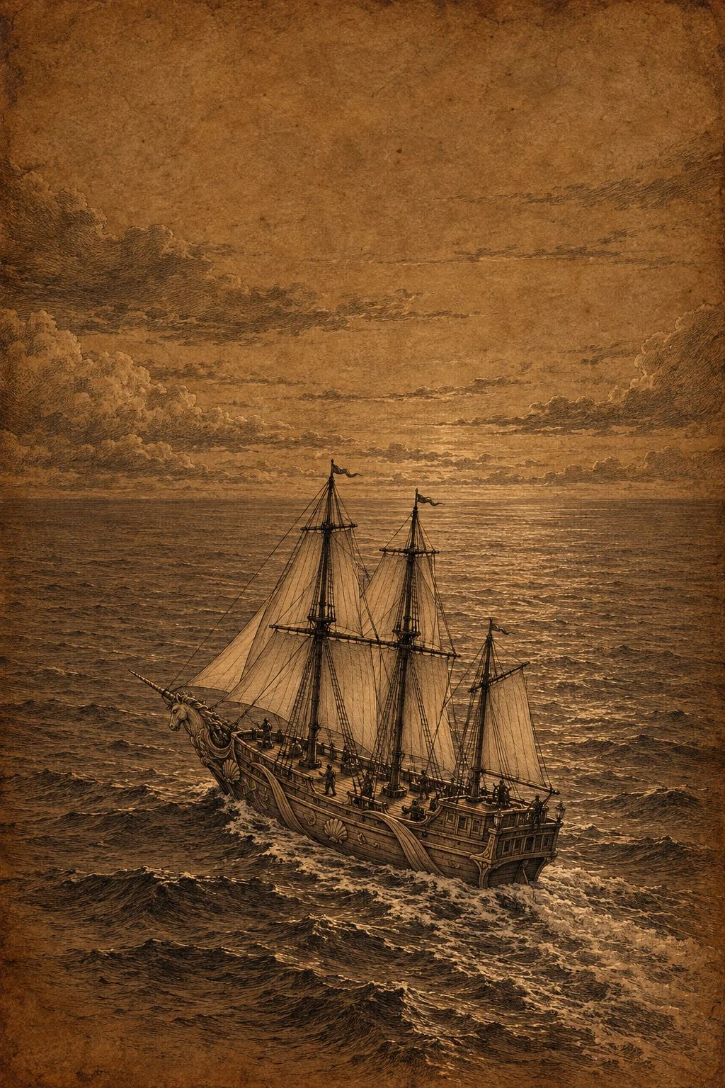 Sepia illustration from Bearings. A sailing ship crosses open water beneath a softly glowing sky.