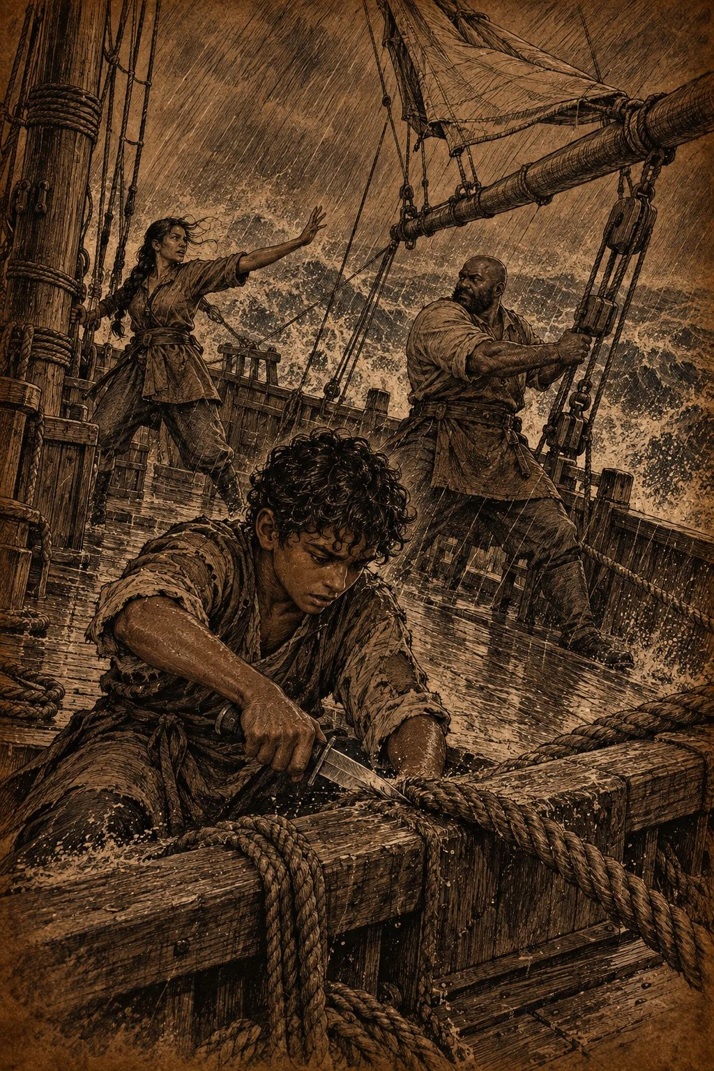 Sepia illustration from Bearings. Companions work among ropes and timber on the deck of a sailing ship.