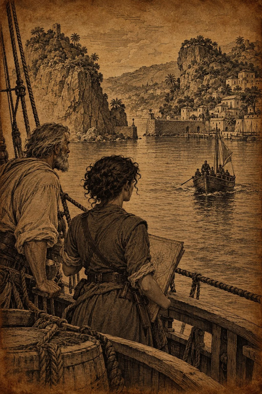 Sepia illustration from Bearings. Two companions watch a small boat approach a hillside harbor town.