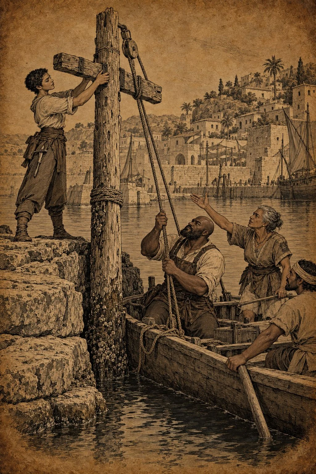Sepia illustration from Bearings. Travelers gather beside a small boat and its mast at a harbor.