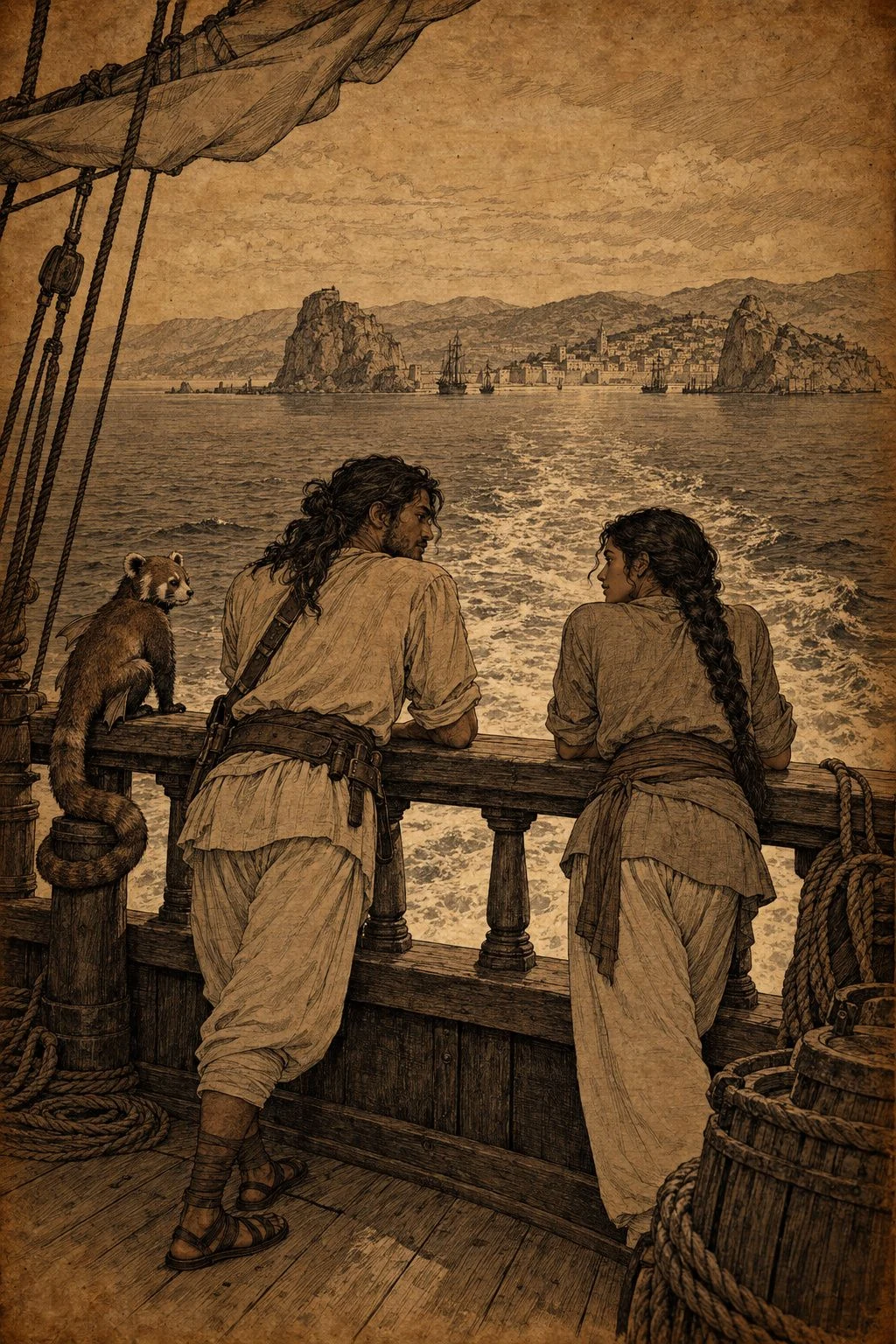 Sepia illustration from Bearings. Two companions lean against a ship’s rail and look toward a distant coast.