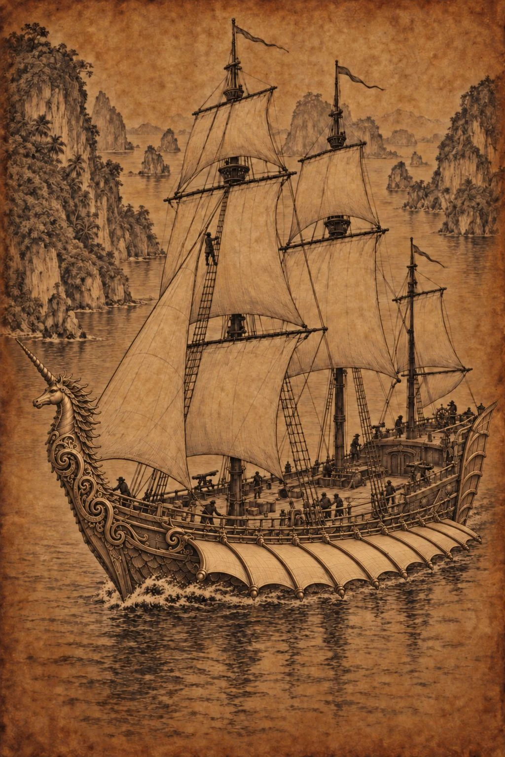 Sepia illustration from Bearings. A decorated Unicorn sailing ship with a wooden stern fin passes between steep cliffs.