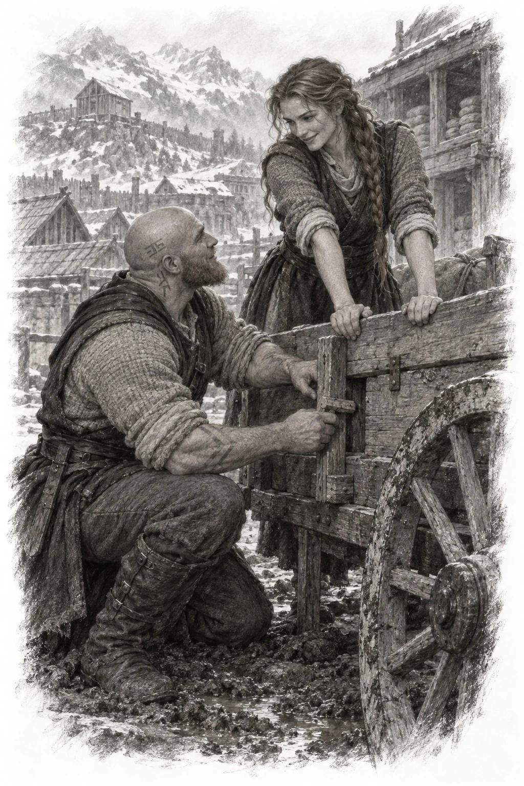 Monochrome sketch of two people working on a timber structure outside a mountain village.