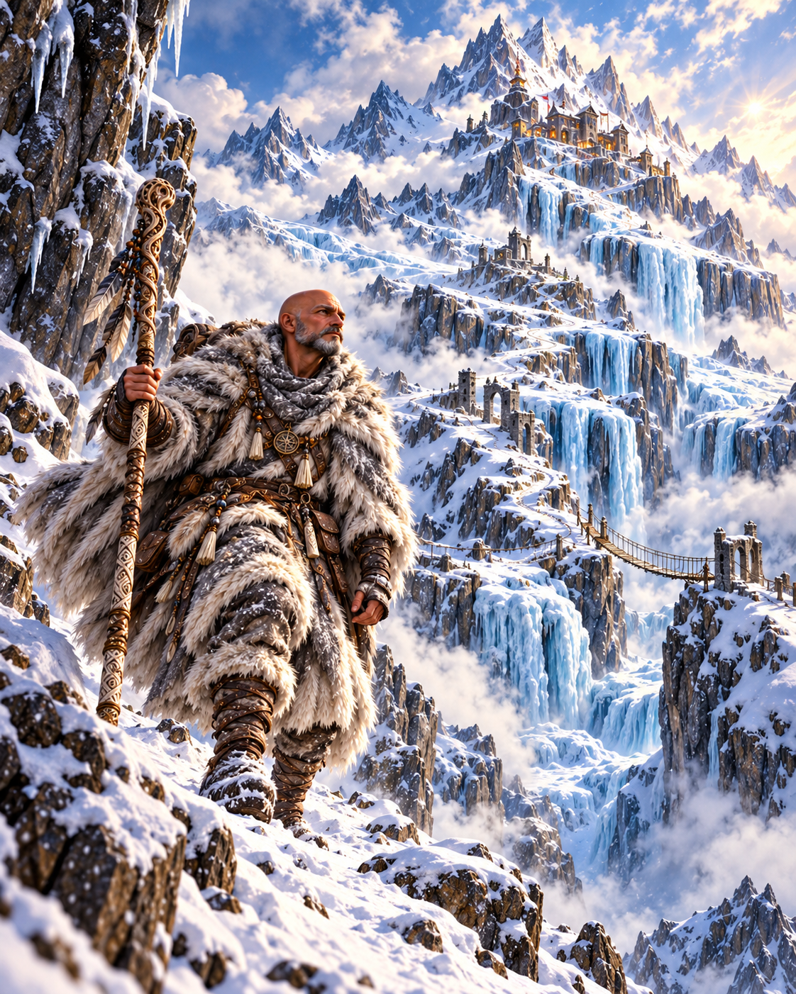 A fur-clad traveler with a carved staff climbs a snowy ridge toward a fortress high among frozen waterfalls and mountain peaks.