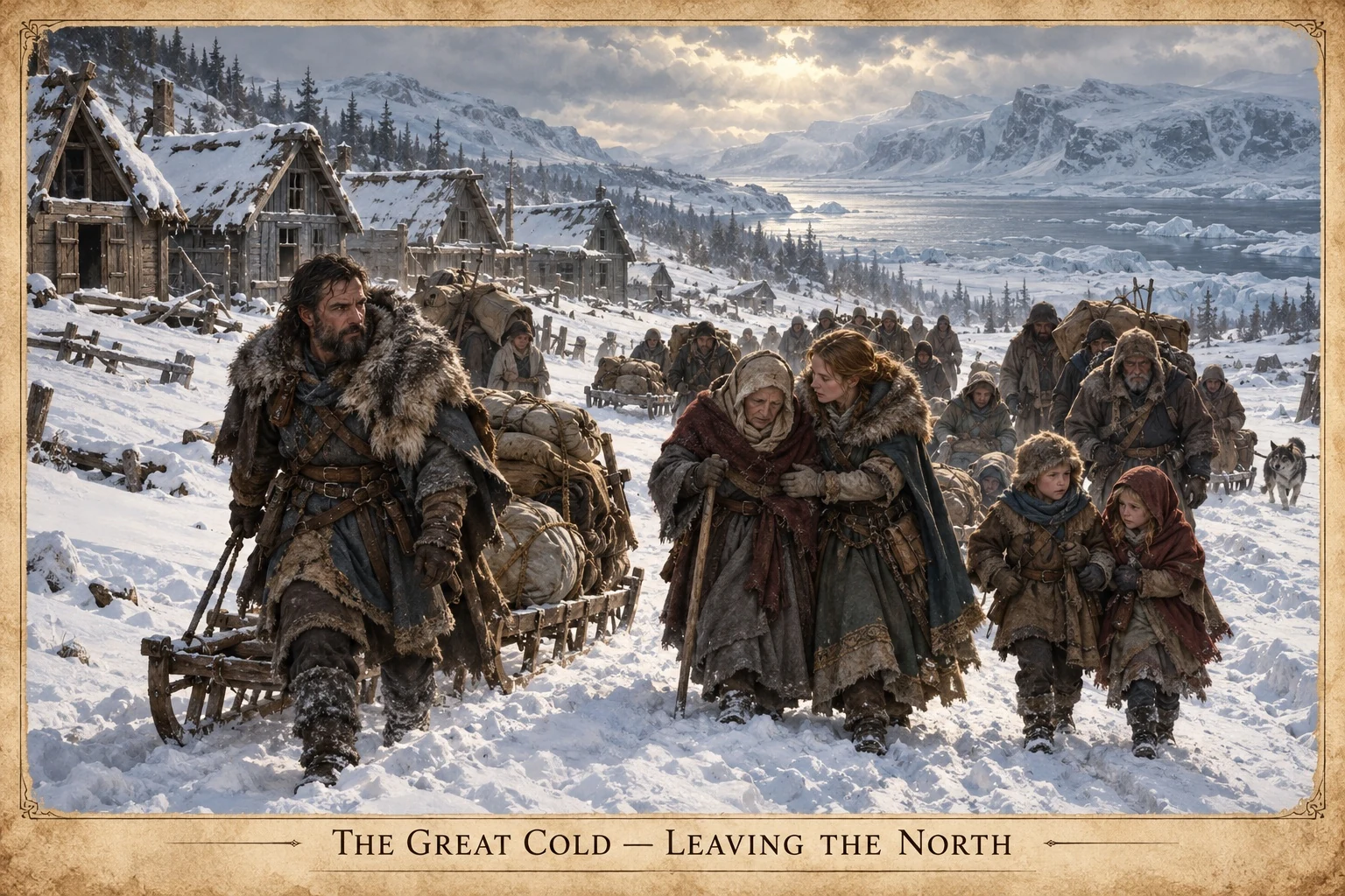 Families leave a snow-covered northern settlement with laden sleds beneath a cold, clouded sky.