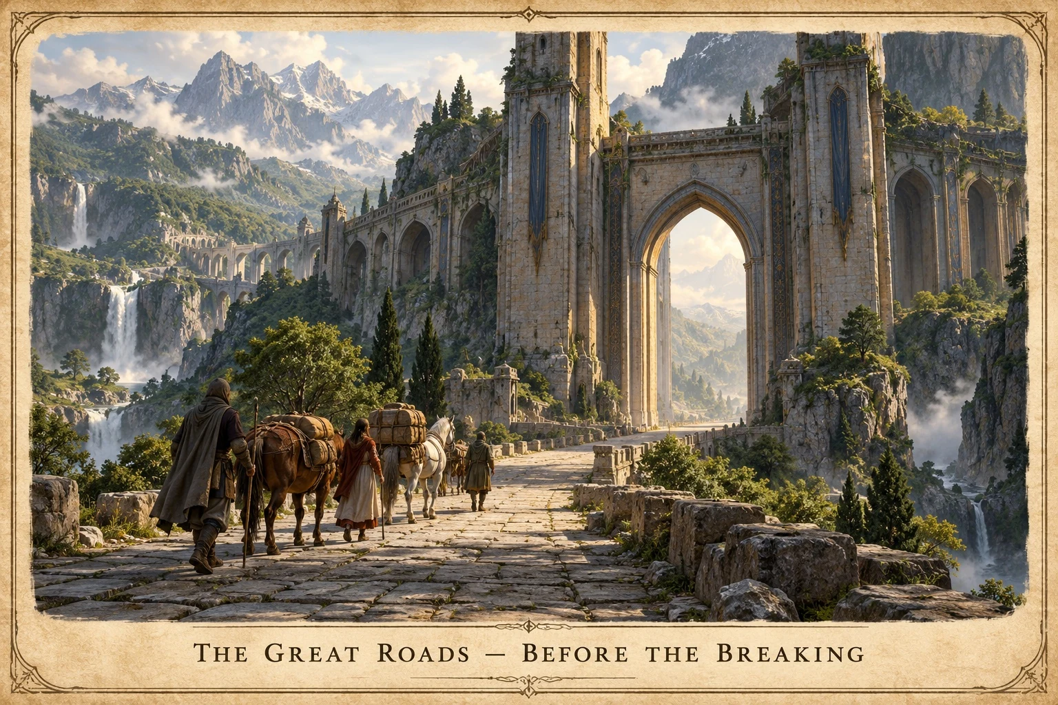 Travelers and pack animals approach a monumental arched gateway along the Great Roads before the Breaking.