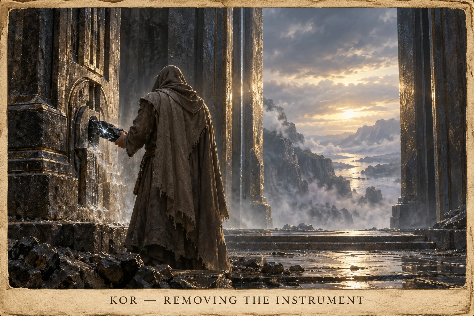 Kor removes a dark instrument from an ancient stone wall above a sunlit mountain valley.