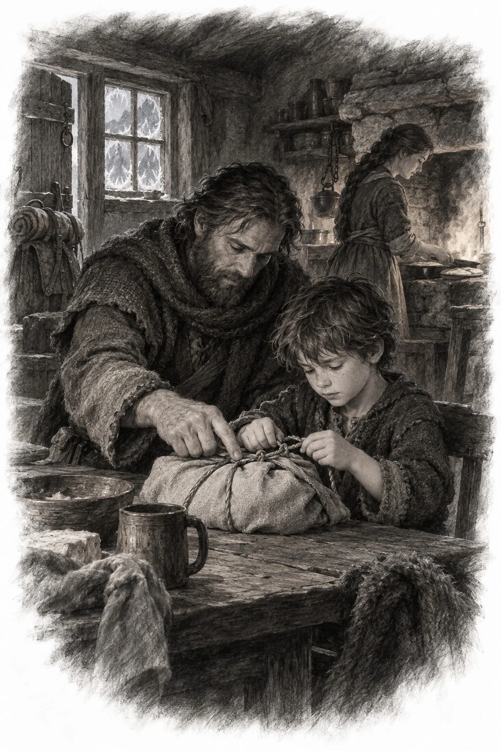 Monochrome sketch of an adult guiding a child through a small handcraft inside a timber home.