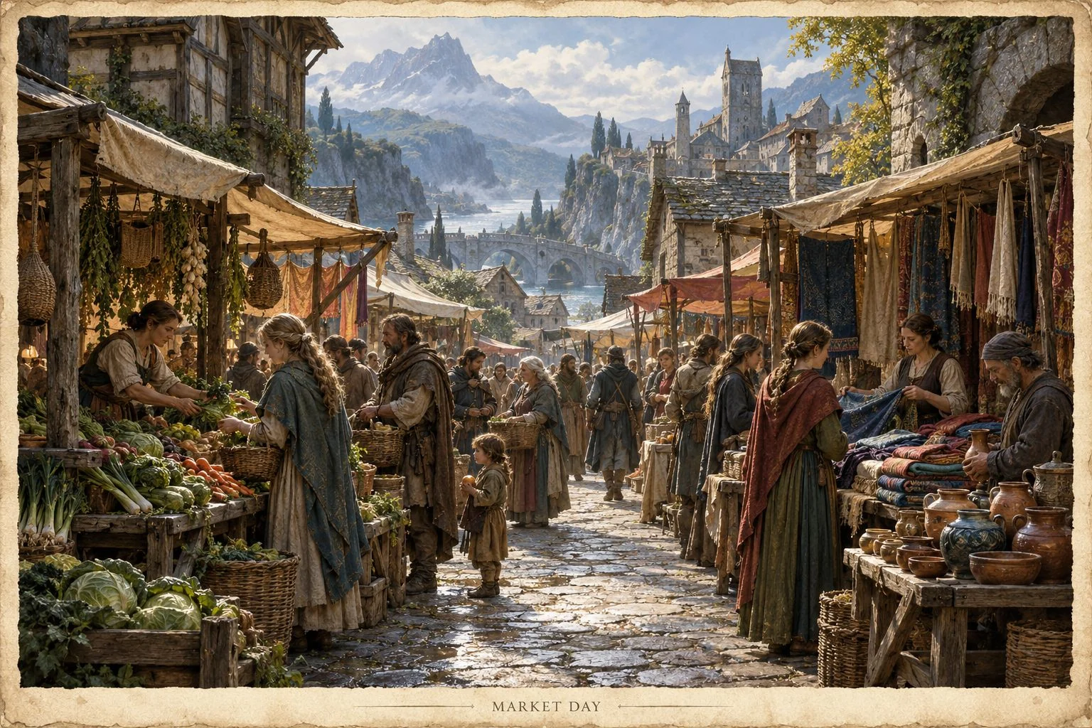 Shoppers and merchants gather along a sunlit market street beneath distant mountains.