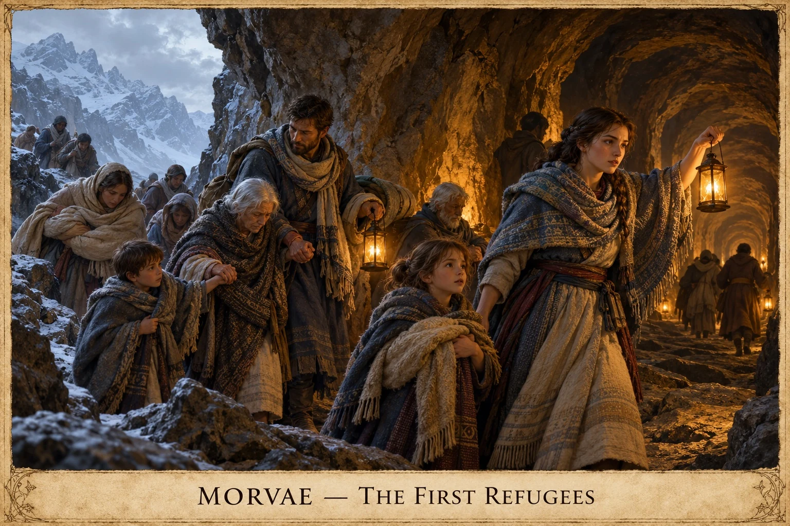 Refugees carrying bundles enter a lantern-lit mountain refuge as snow falls outside.