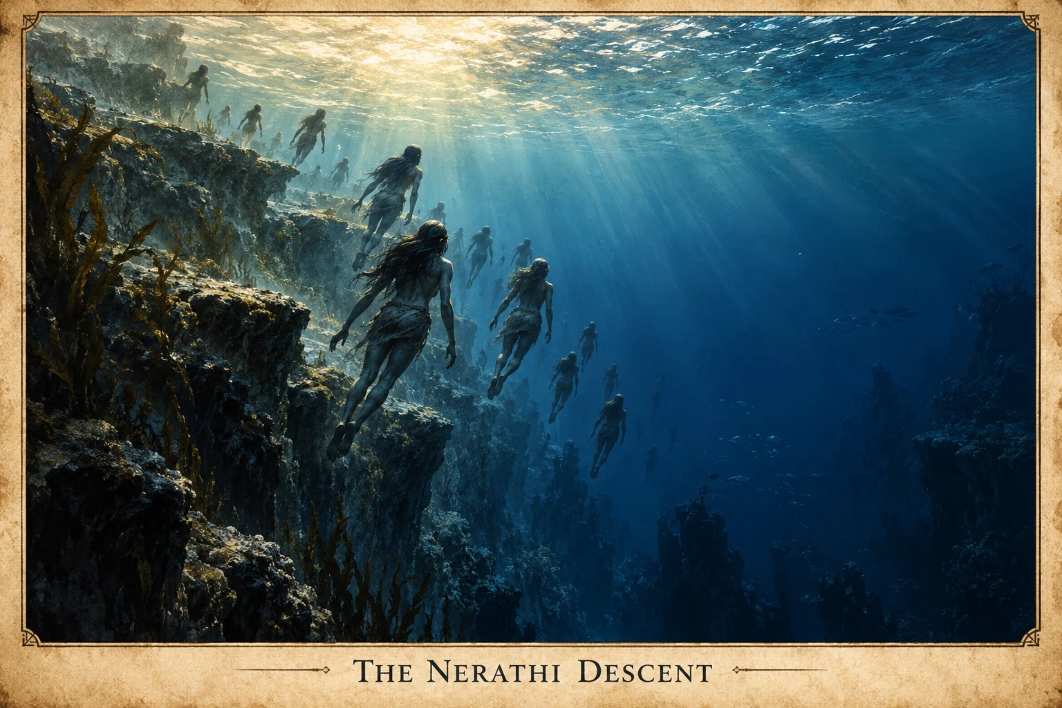 Figures descend through sunlit blue water beside submerged stone ruins.