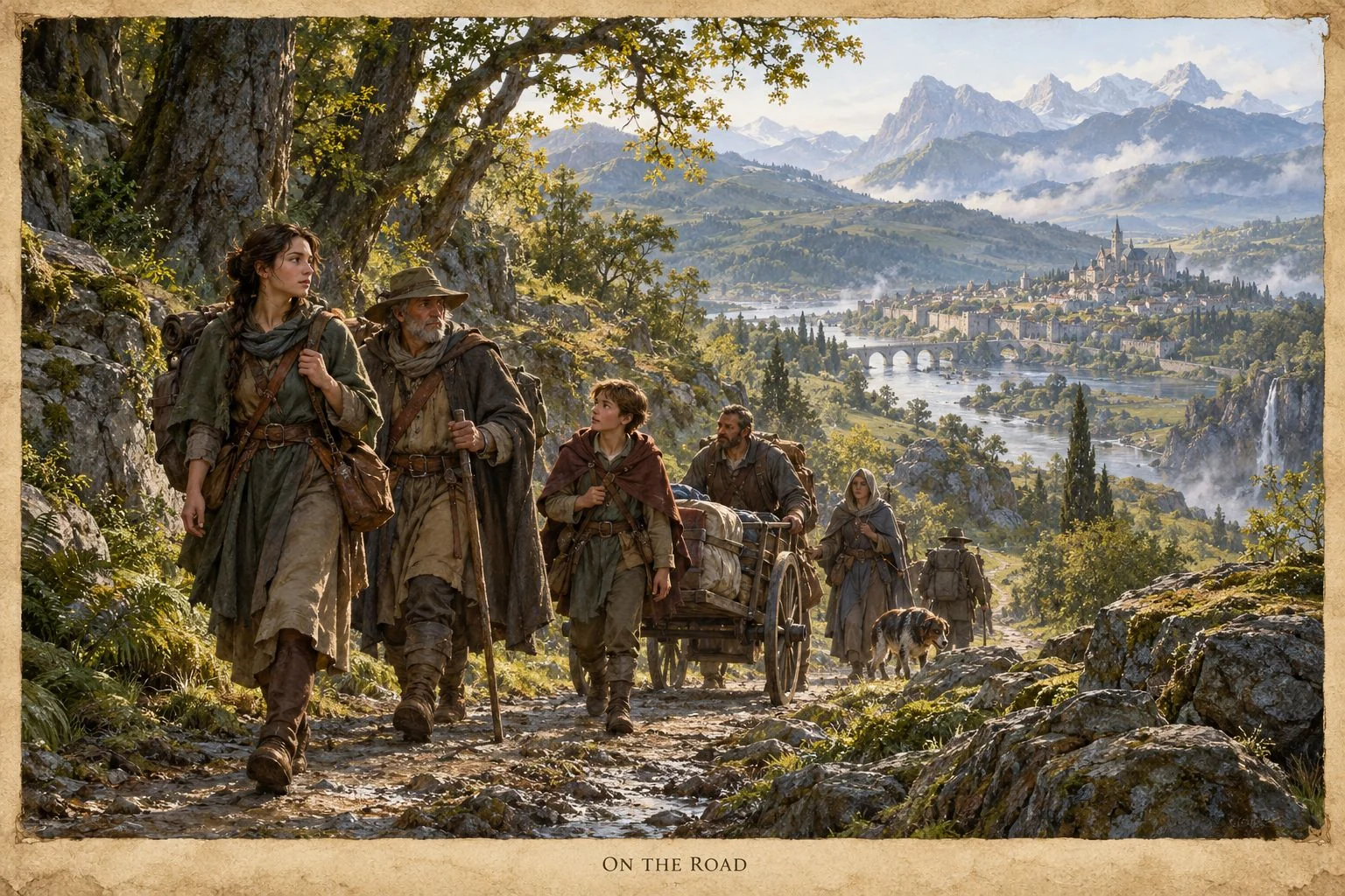 Travelers follow a mountain path above a broad valley and a distant settlement.