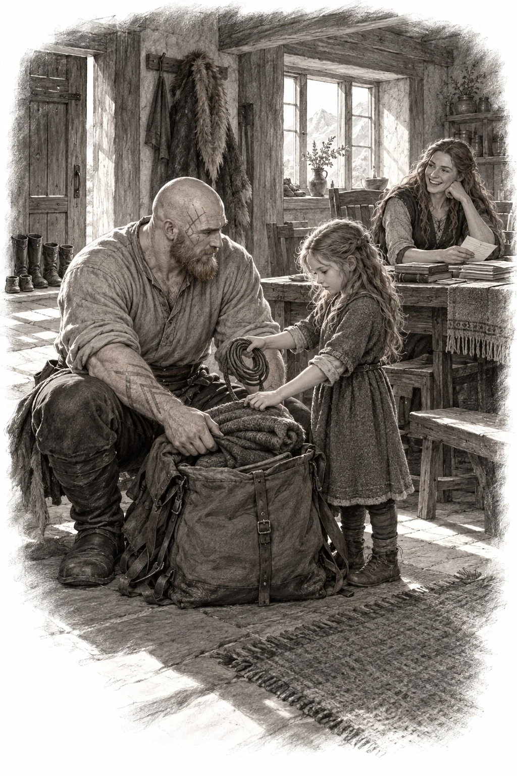 Monochrome sketch of a seated traveler packing a bag with a child nearby and another person watching from a table.