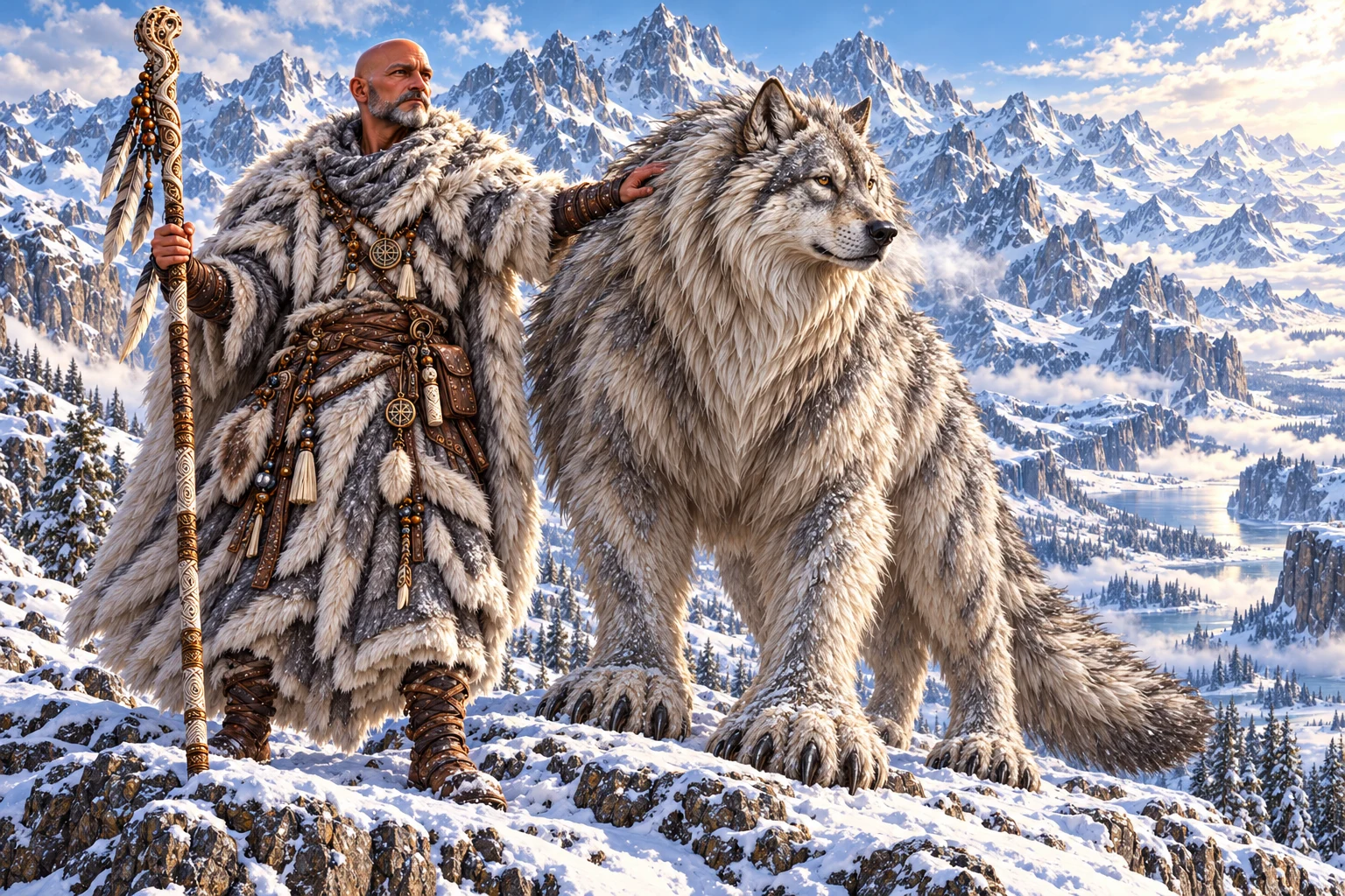 Renn Comptun stands with a carved staff beside a massive gray Frostshroud companion on a snowy ridge above a mountain valley.