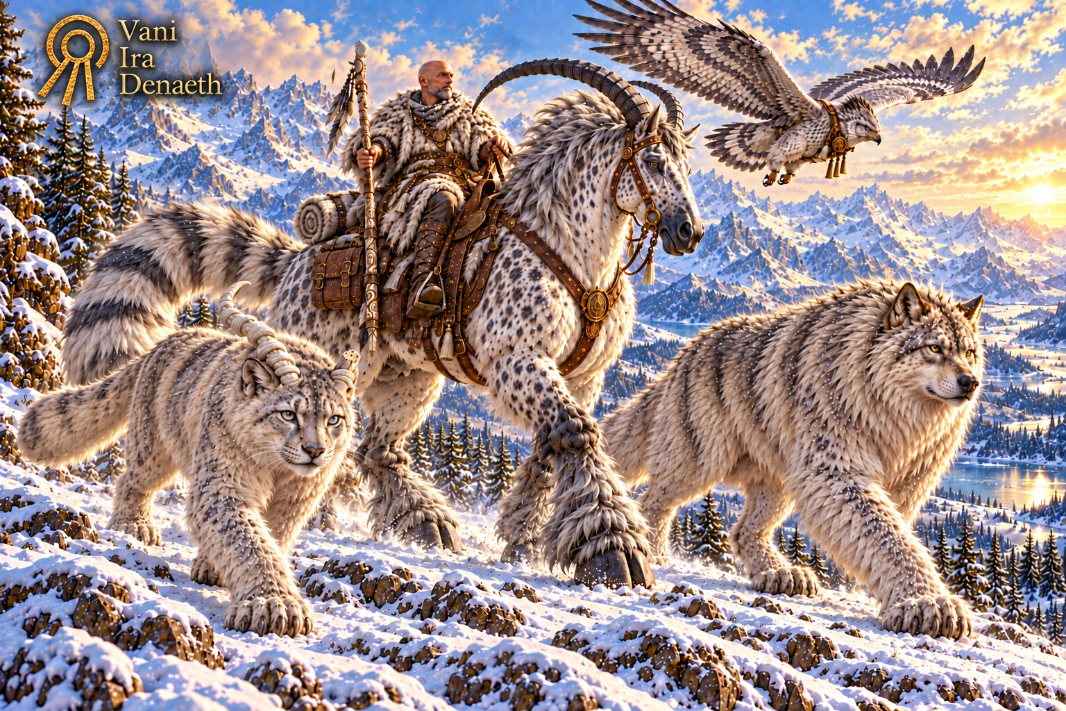 Renn rides Gerun through snowy mountains alongside a pale horned feline and a shaggy gray companion, with a bird of prey flying overhead.