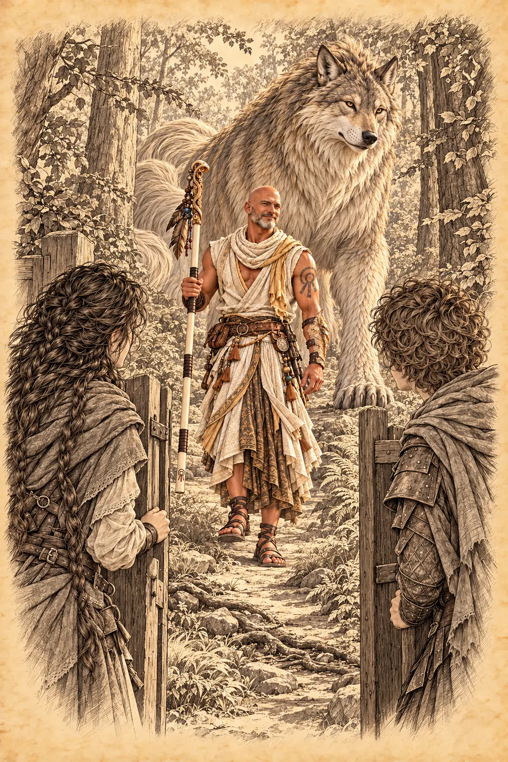 Pencil sketch of Renn smiling with a feathered staff as a giant wolf follows him along a forest path toward two young people at a wooden gate.