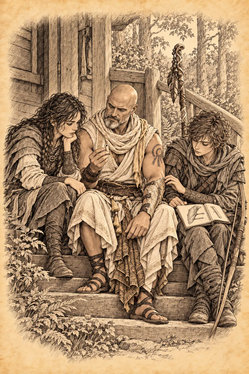 Pencil sketch of Renn seated on wooden steps between two young listeners, one holding an open sketchbook, with a carved staff leaning nearby.