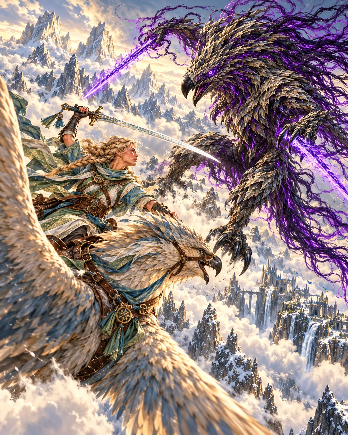 A blonde-braided High Reaches rider in cream, green and blue wraps raises her sword from the back of a pale feathered flyer as the Unwinged, a towering predator of bone and violet Veil, lunges at them with a glowing Veil blade high above the cloud-wrapped peaks and waterfalls of a mountain community.