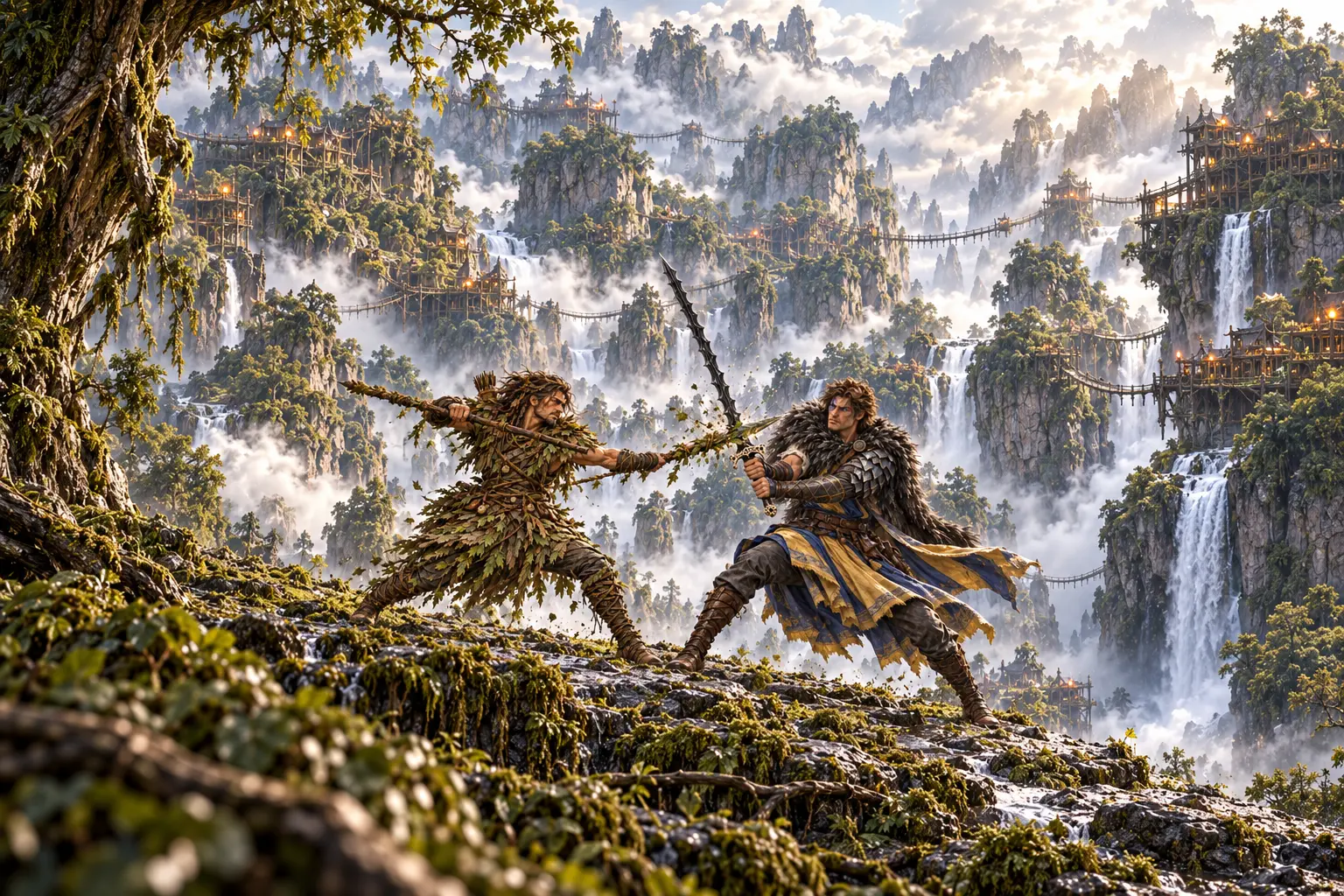A leaf-clad spear fighter and a fur-cloaked swordsman duel on a mossy ridge above misty cliffs, waterfalls and rope-bridged treetop settlements in Morruen.