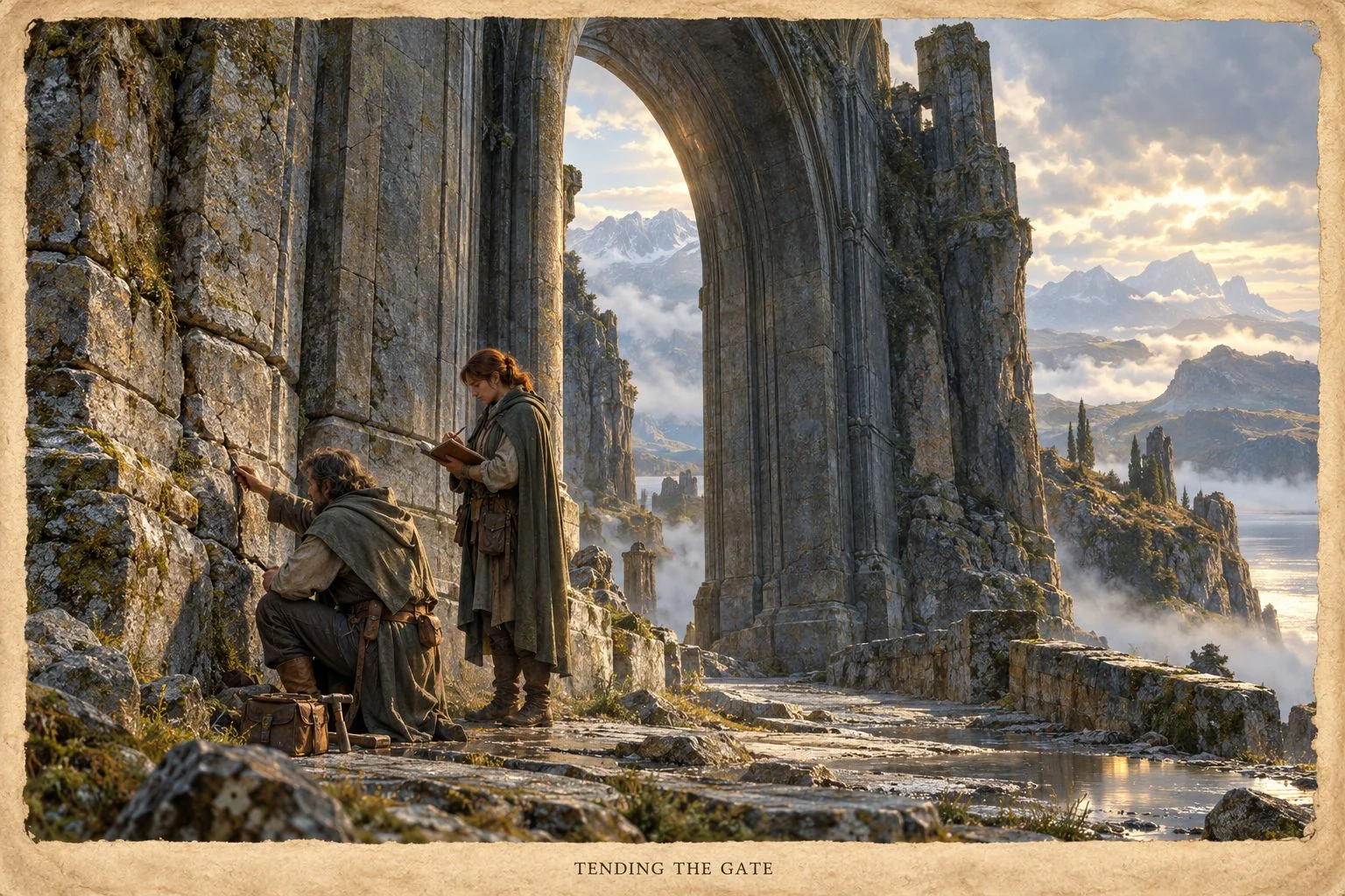 Two figures tend an ancient stone gate above a misty mountain valley.