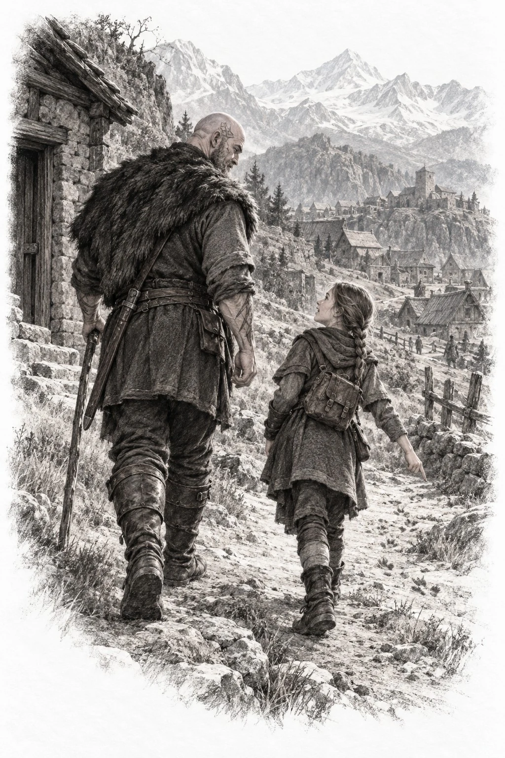 Monochrome sketch of an adult and child walking together toward a mountain village.