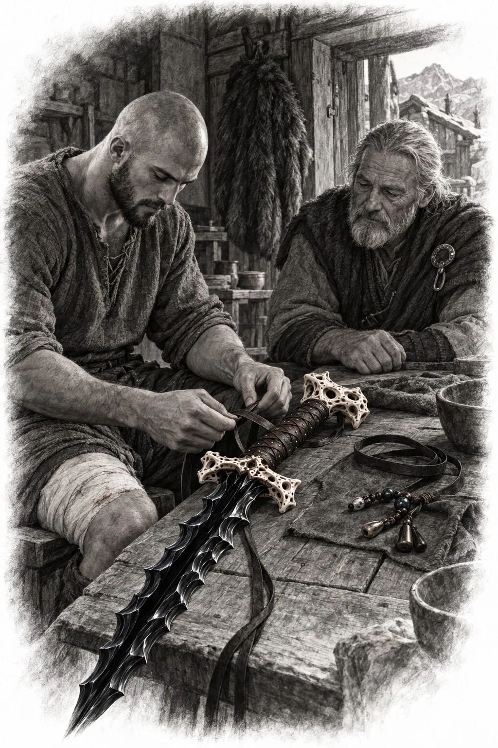 Monochrome sketch of two craftspeople examining a decorated sword at a workbench.