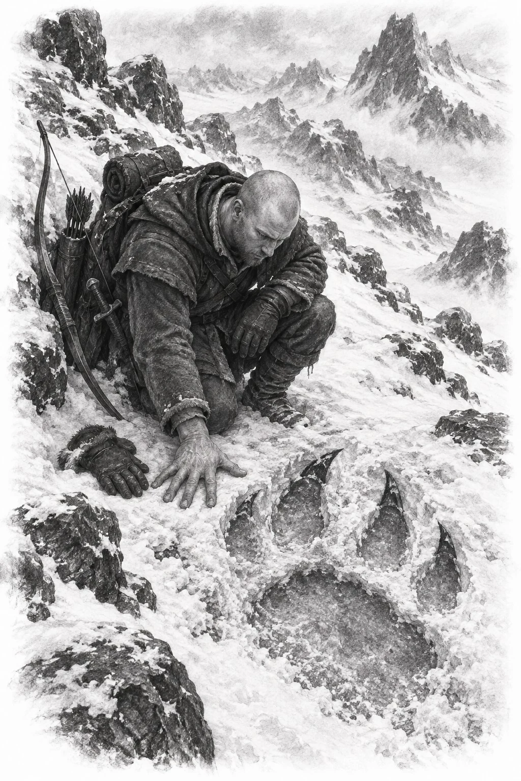 Monochrome sketch of a kneeling traveler examining a large animal track in a snowy mountain pass.
