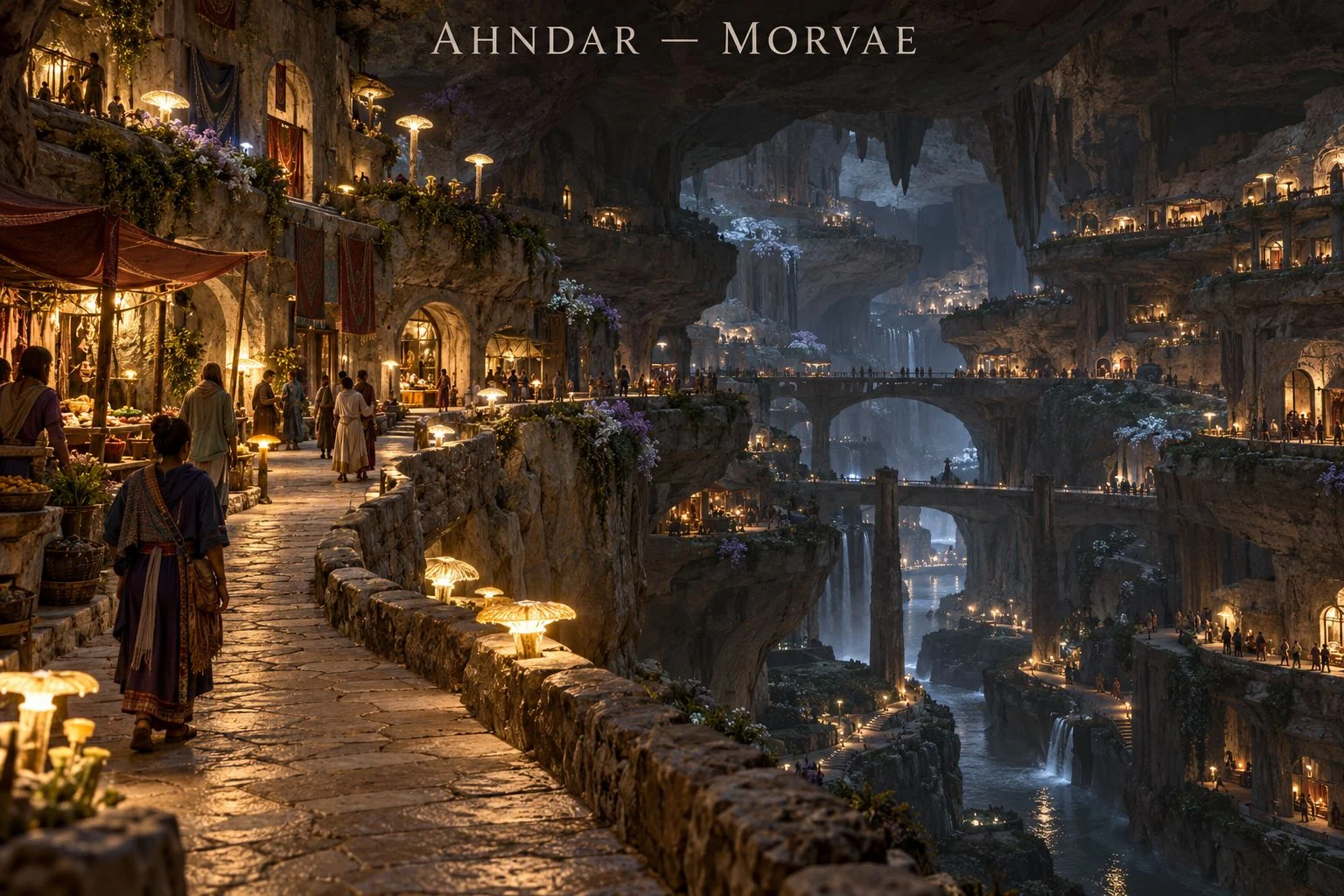 A stone walkway follows a cavern waterway past warmly lit shops and homes.