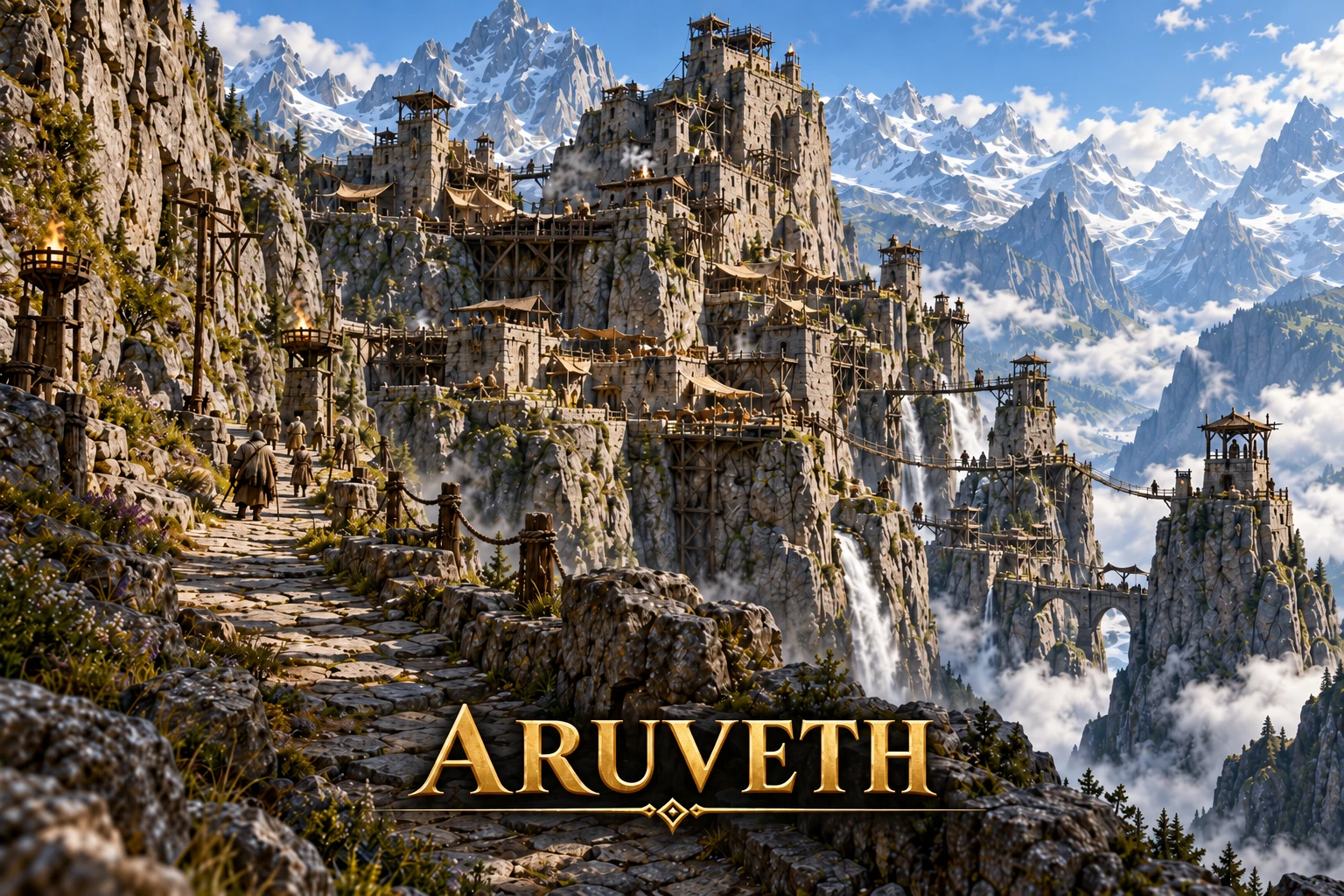 A stone mountain stronghold built across sheer cliffs, with towers, wooden walkways, suspension bridges, and snowy peaks beyond.