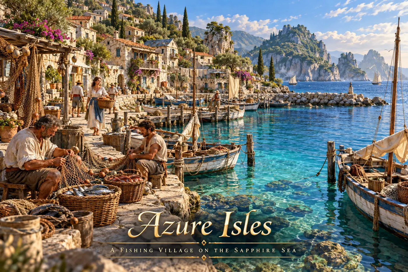 A coastal fishing village overlooks turquoise water and a harbor of small boats.