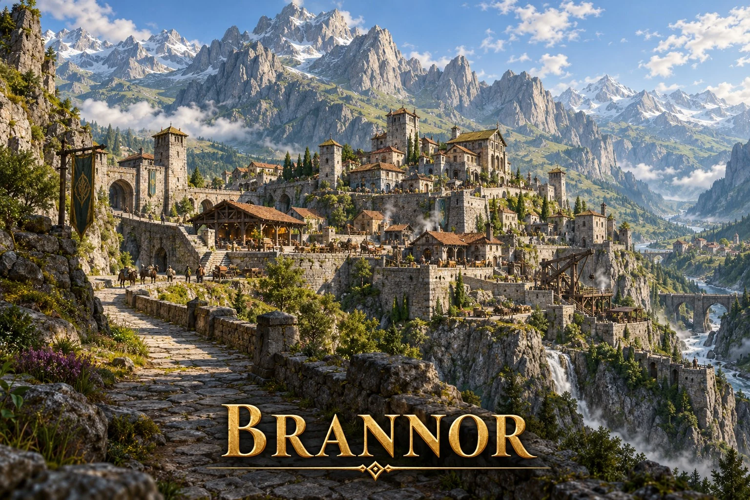 A fortified stone town climbs rocky mountain slopes beneath snowy peaks, with towers and bridges above a deep valley.