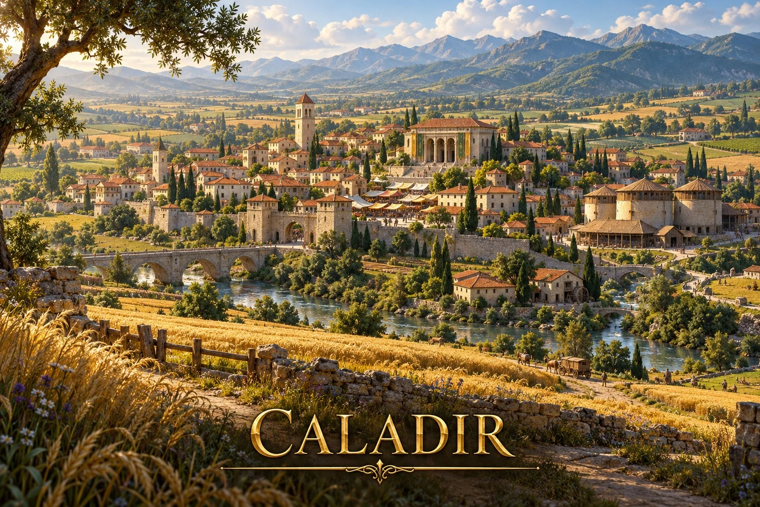 A sunlit city of stone towers and grand halls stands among golden fields, green trees, and distant mountains.