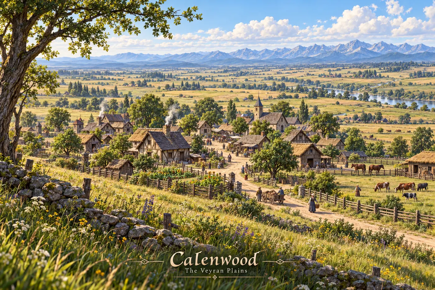 Morning light falls over Calenwood’s fields, cottages, and wooded hills.