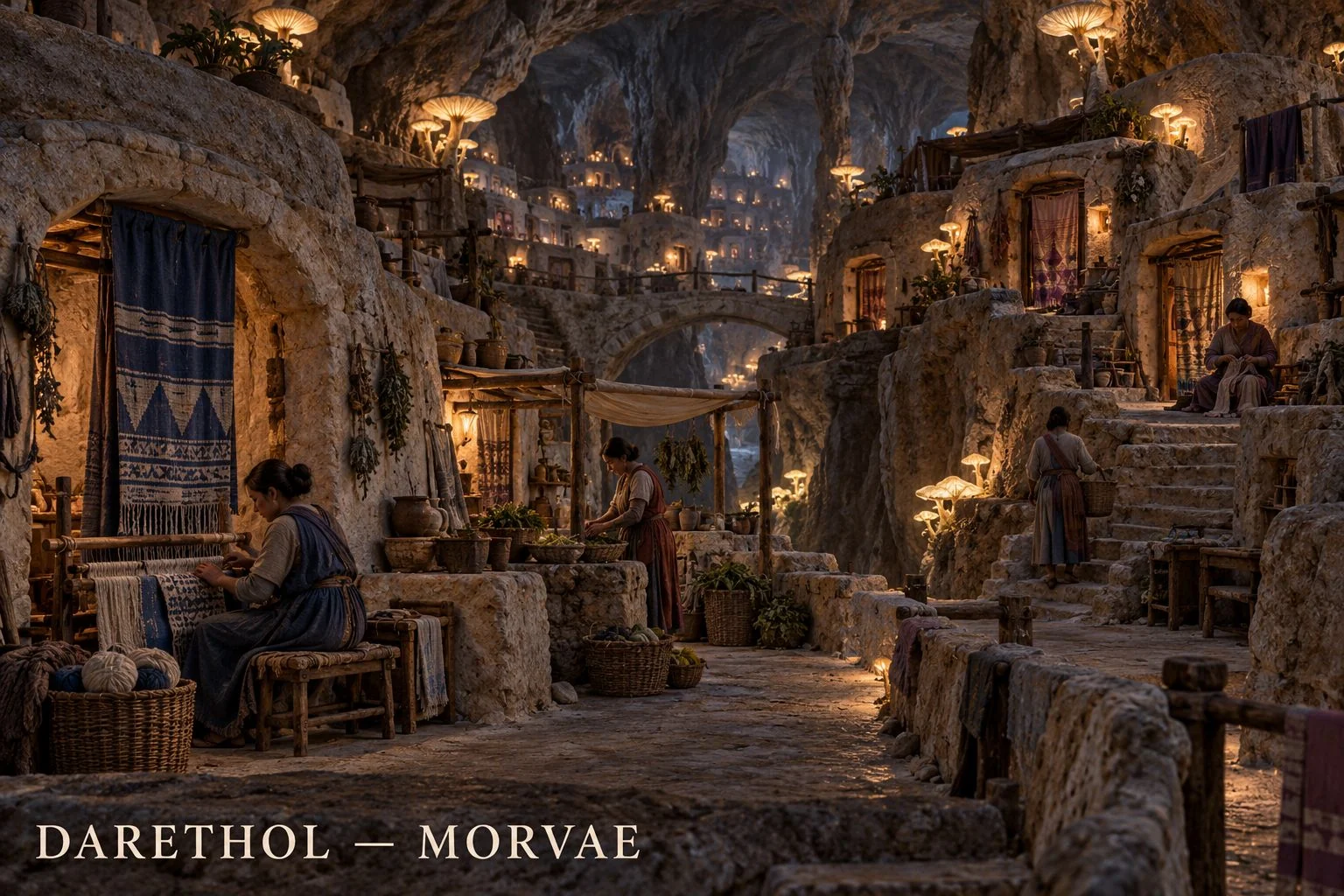 Narrow stone stairs climb past warmly lit homes beneath a rocky cavern roof.
