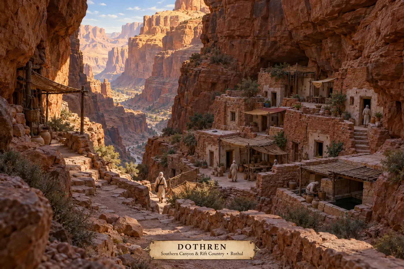 Dothren’s dwellings nestle beneath towering red canyon walls.