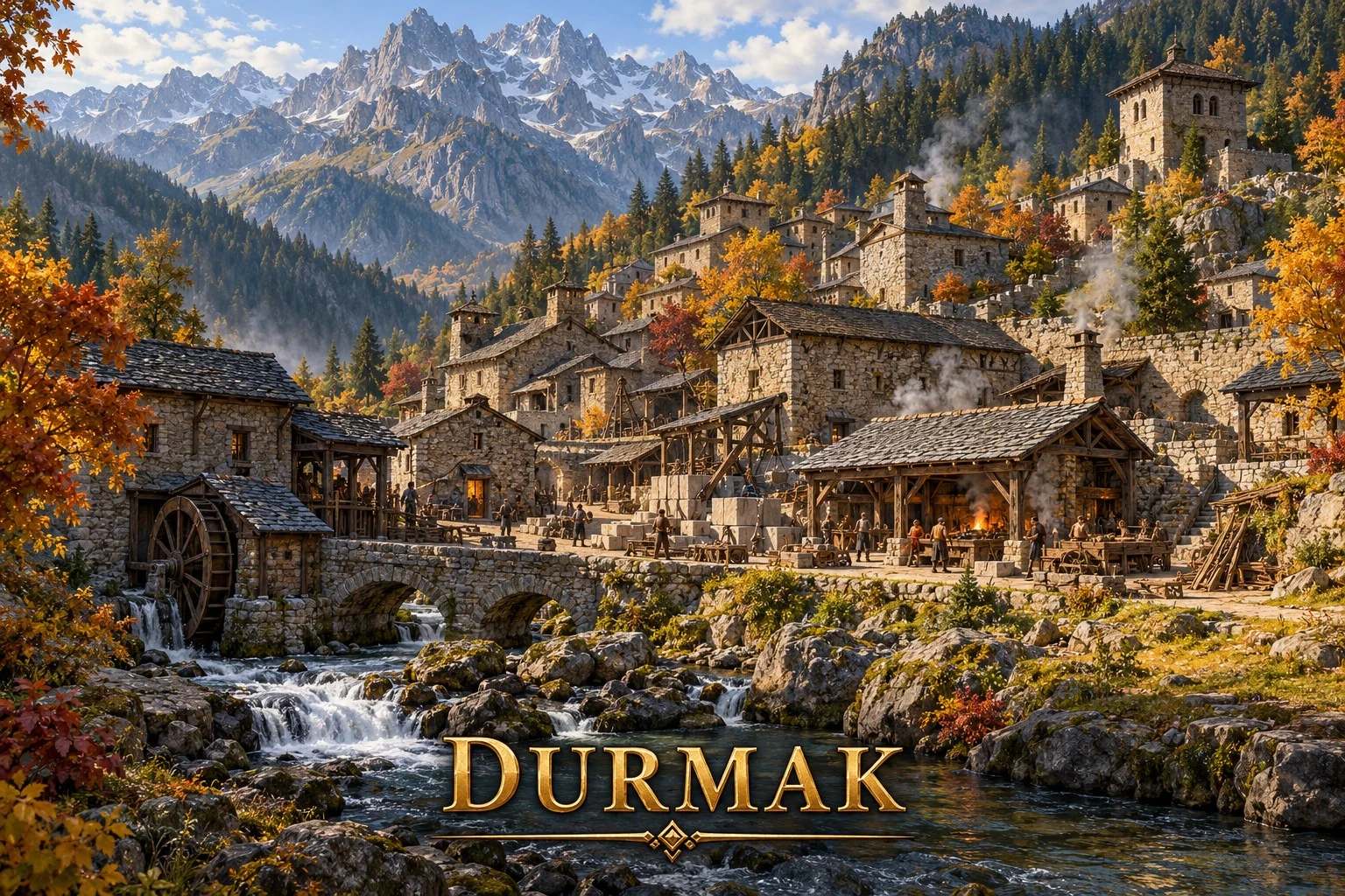 Stone houses, towers, and a watermill follow a rushing stream through an autumn mountain valley.