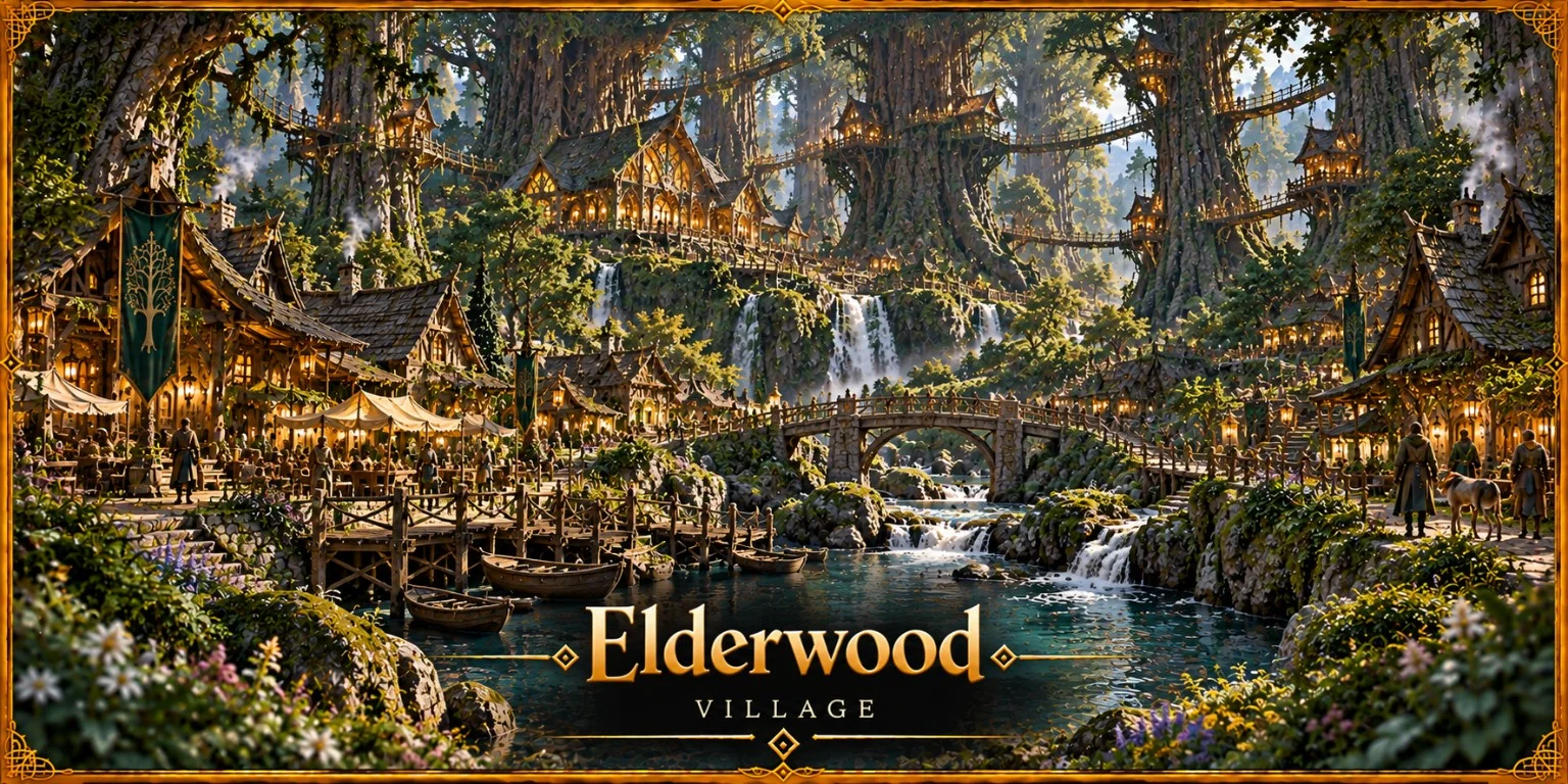 Warmly lit cottages, tree platforms, and rope bridges line a forest stream with waterfalls and small boats.
