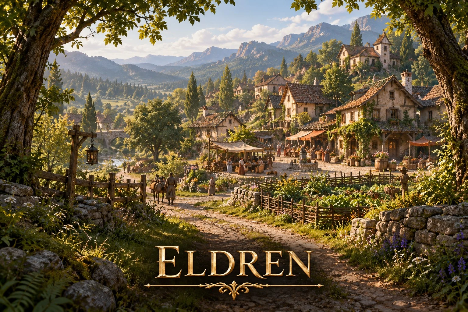 A leafy village of timber cottages, gardens, and stone paths nestles among trees beneath distant mountains.