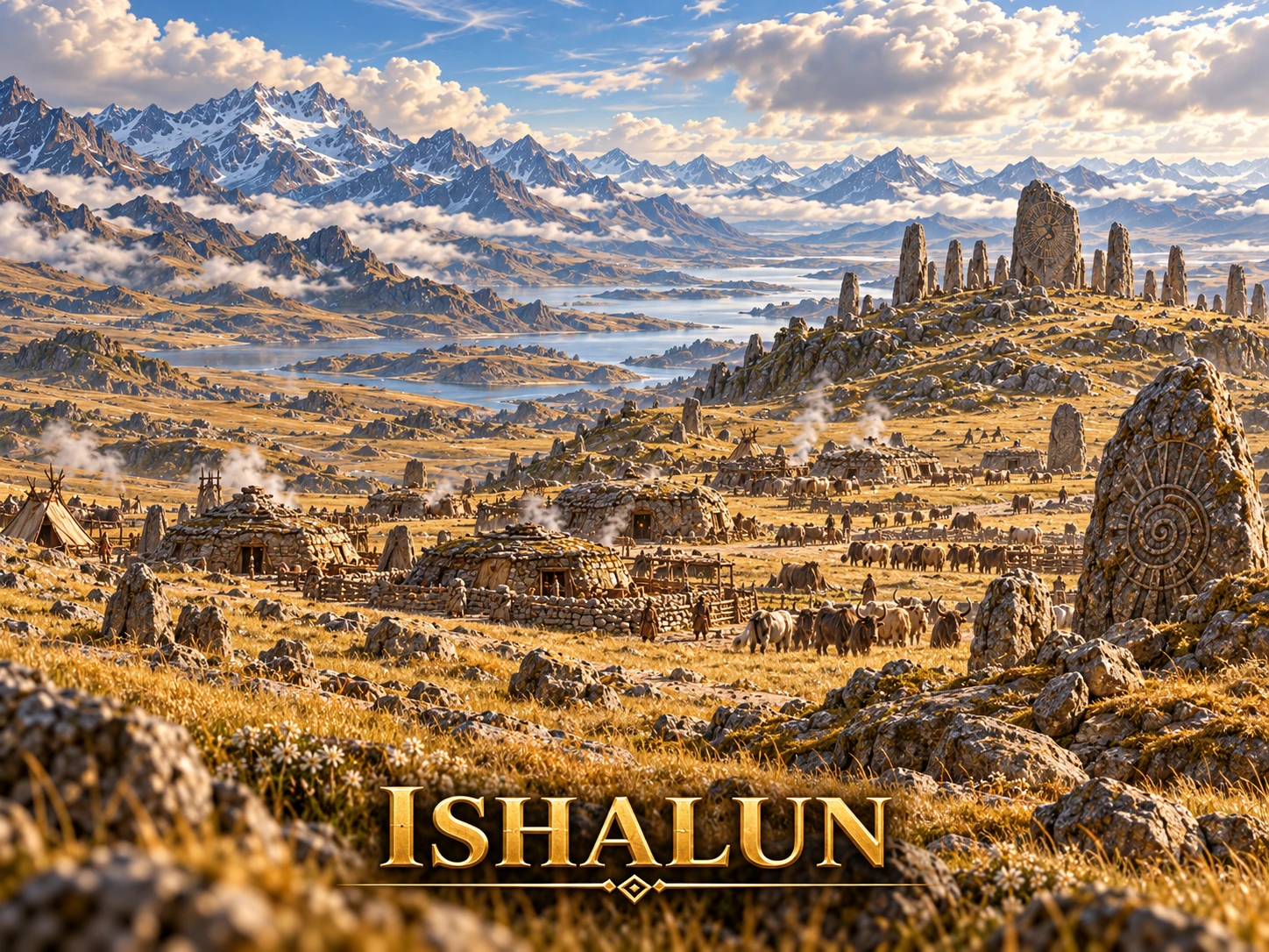 A highland settlement of low stone homes and tents amid golden grasslands, carved standing stones, distant lakes, and snowy mountains.