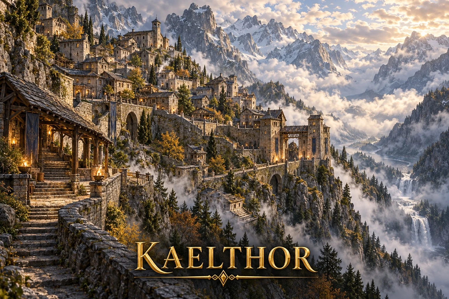 Timber homes and stone towers climb a forested mountainside above a misty valley and snowy peaks.