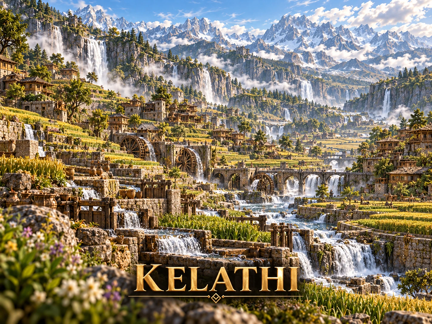 A terraced mountain settlement with stone homes, gardens, waterwheels, arched bridges, and cascading waterways beneath snowy peaks.