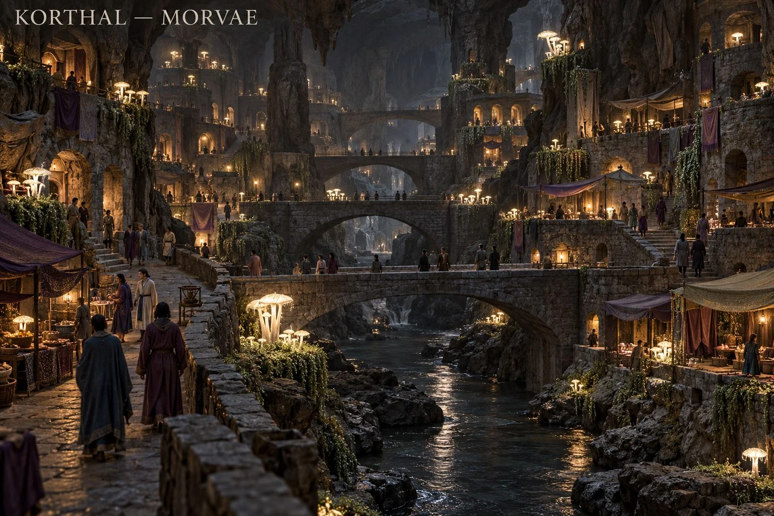 Stone steps and bridges connect homes above dark water in a cavern town.