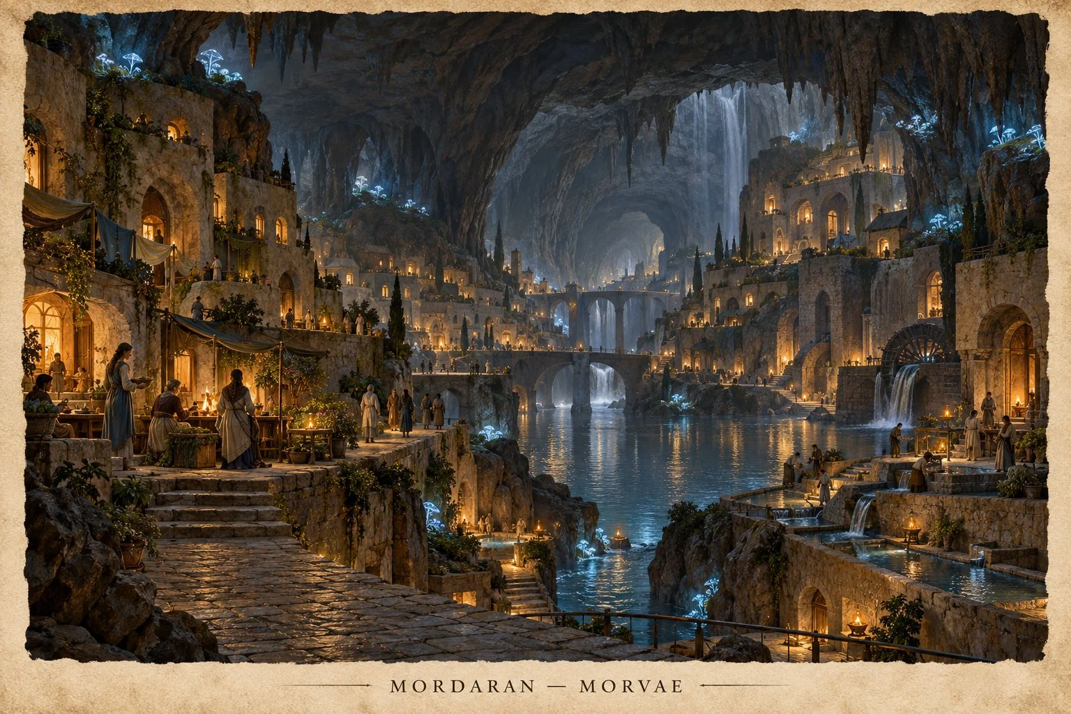 Glowing windows and stone terraces overlook blue pools in an underground settlement.