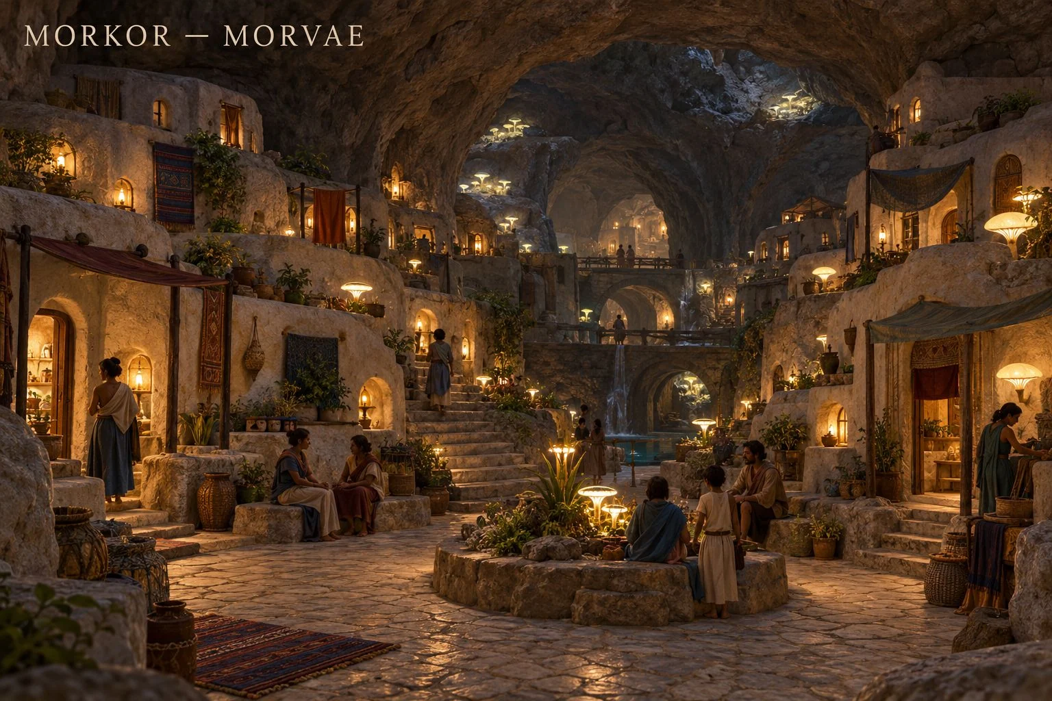 Residents gather around a planted courtyard among lantern-lit homes beneath a cavern ceiling.